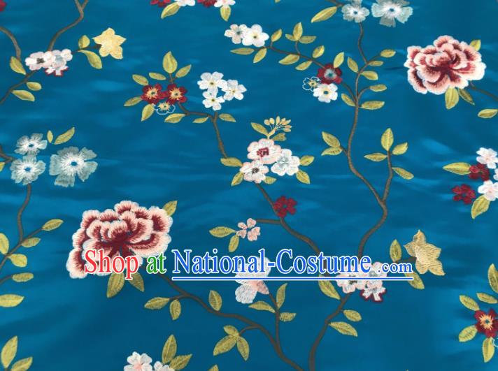 Asian Chinese Traditional Cheongsam Embroidered Flowers Pattern Blue Brocade Fabric Suzhou Silk Fabric Material