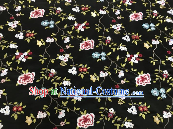 Asian Chinese Traditional Cheongsam Embroidered Flowers Pattern Black Brocade Fabric Suzhou Silk Fabric Material