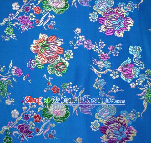 Asian Chinese Traditional Tang Suit Peony Pattern Blue Nanjing Brocade Fabric Silk Fabric Material