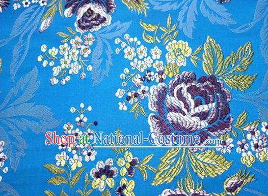 Asian Chinese Traditional Tang Suit Blue Nanjing Brocade Fabric Royal Peony Pattern Silk Fabric Material