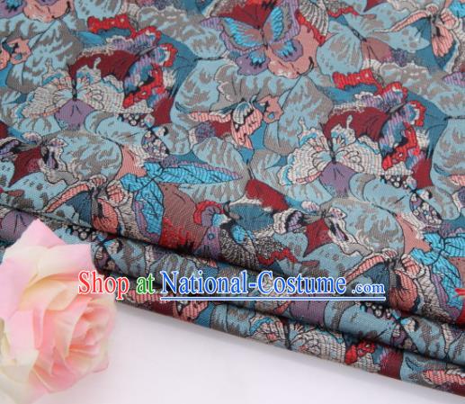 Asian Chinese Traditional Royal Butterfly Pattern Blue Brocade Fabric Tang Suit Silk Fabric Material