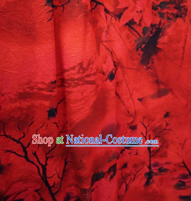 Asian Chinese Traditional Watered Gauze Fabric Branch Pattern Red Satin Tang Suit Silk Material