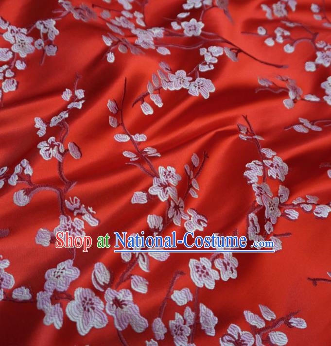 Asian Chinese Traditional Brocade Fabric Embroidered Plum Blossom Pattern Red Satin Tang Suit Silk Material