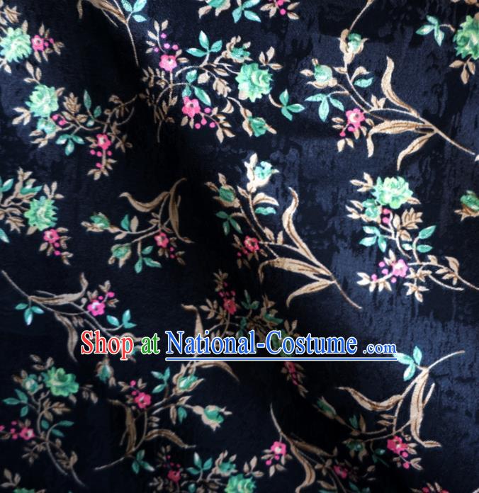 Asian Chinese Traditional Fabric Flowers Pattern Tang Suit Navy Cotton Material