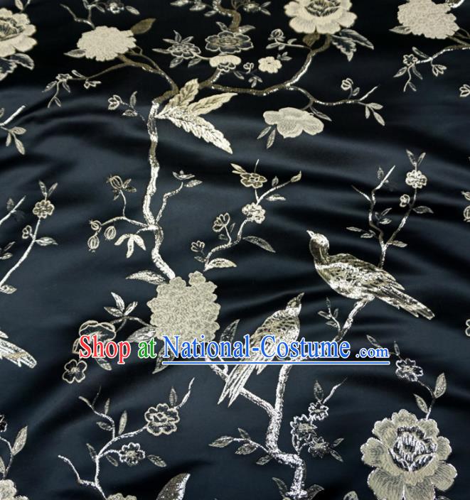 Asian Chinese Traditional Black Brocade Fabric Flowers Birds Pattern Tang Suit Silk Material