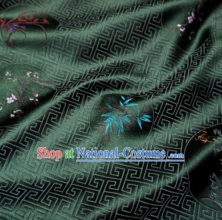 Asian Chinese Traditional Deep Green Brocade Fabric Plum Blossom Orchid Bamboo and Chrysanthemum Pattern Tang Suit Silk Material