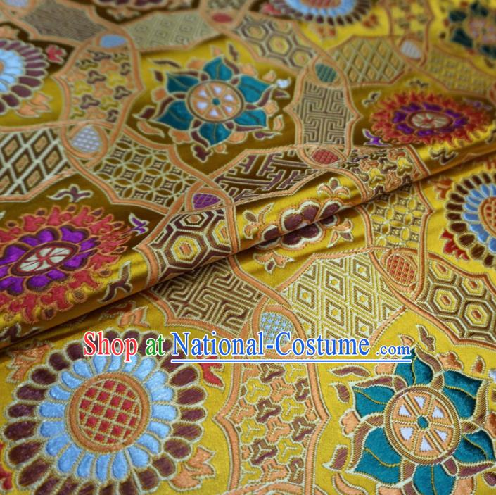 Asian Chinese Classical Rosette Design Pattern Yellow Brocade Traditional Cheongsam Satin Fabric Tang Suit Silk Material