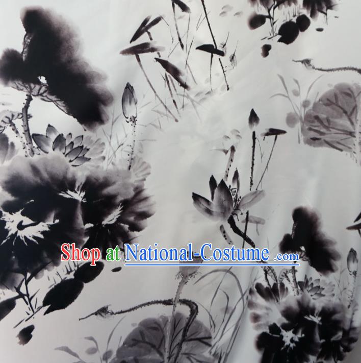 Asian Chinese Ink Painting Lotus White Brocade Traditional Cheongsam Satin Fabric Tang Suit Silk Material