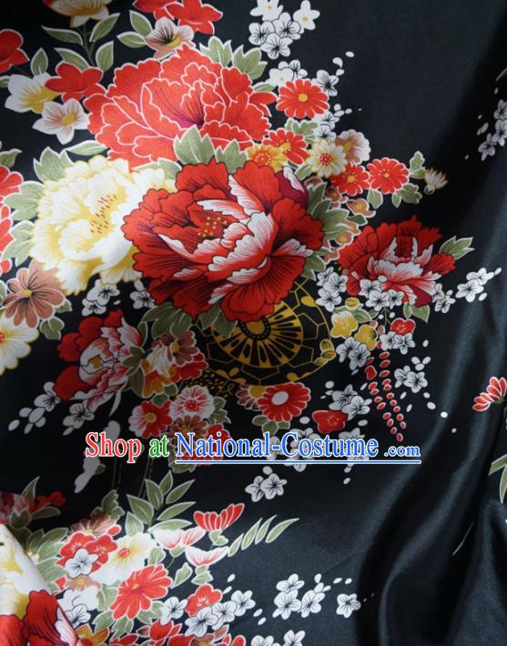 Asian Chinese Printing Peony Black Brocade Traditional Cheongsam Satin Fabric Tang Suit Silk Material