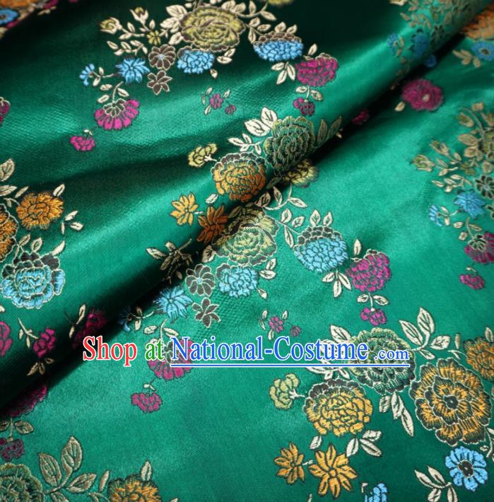 Asian Chinese Classical Peony Design Pattern Green Brocade Traditional Cheongsam Satin Fabric Tang Suit Silk Material