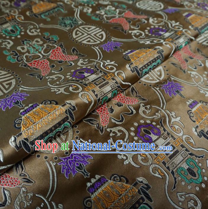 Asian Chinese Classical Fishes Design Pattern Brown Brocade Traditional Cheongsam Satin Fabric Tang Suit Silk Material