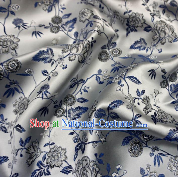 Asian Chinese Classical Twine Peony Design Pattern White Brocade Traditional Cheongsam Satin Fabric Tang Suit Silk Material