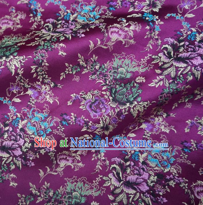 Asian Chinese Classical Peony Design Pattern Purple Brocade Traditional Cheongsam Satin Fabric Tang Suit Silk Material