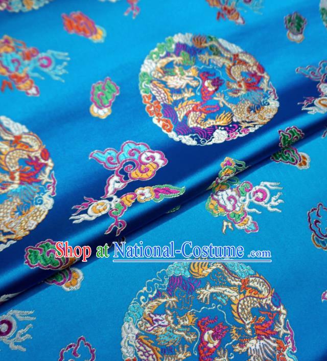 Asian Chinese Traditional Cheongsam Satin Fabric Classical Dragons Pattern Blue Brocade Tang Suit Silk Material