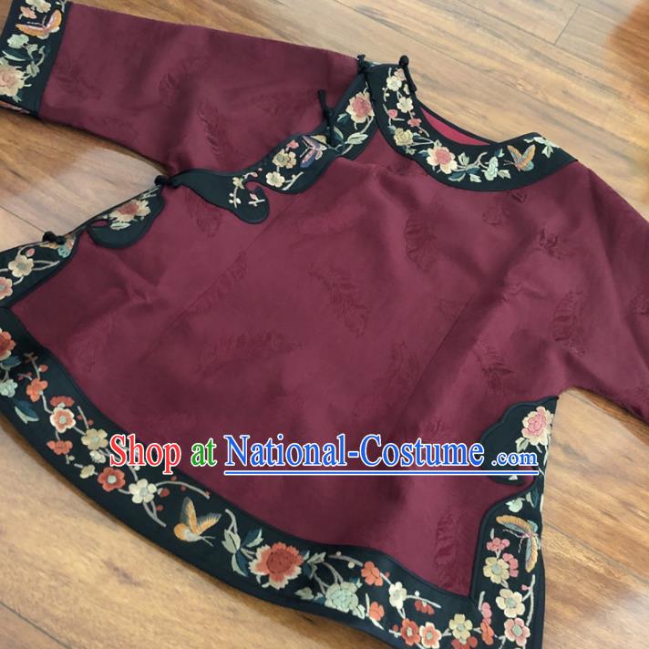 Chinese Traditional Embroidered Costume National Wine Red Silk Qipao Blouse for Women