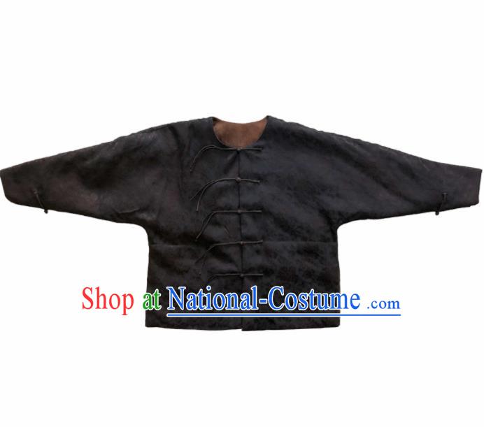 Chinese Traditional Costume National Black Silk Cotton Padded Jacket for Women