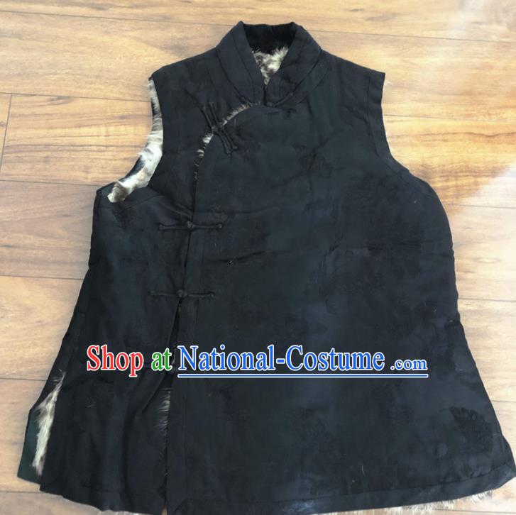 Chinese Traditional Costume Waistcoat National Black Woolen Vest for Women