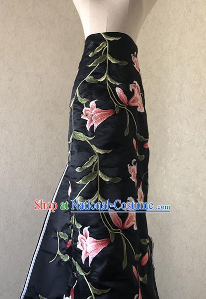 Asian Chinese Classical Lily Flowers Design Pattern Black Brocade Traditional Cheongsam Satin Fabric Tang Suit Silk Material