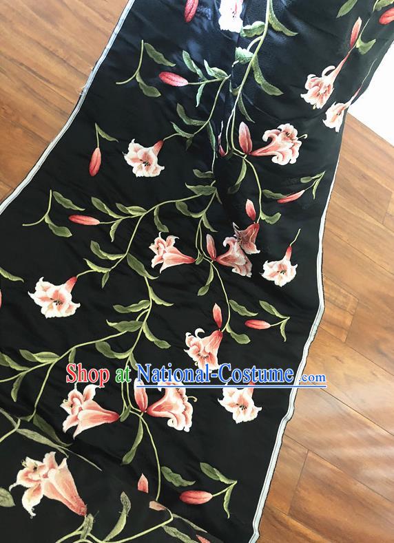 Asian Chinese Classical Lily Flowers Design Pattern Black Brocade Traditional Cheongsam Satin Fabric Tang Suit Silk Material