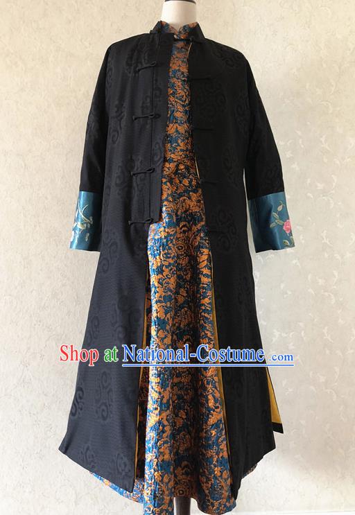 Chinese Traditional Embroidered Costume National Black Cotton Padded Coat Tang Suit Long Robe for Women