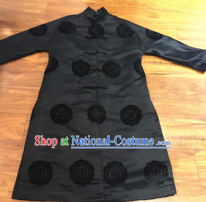 Chinese Traditional Costume National Black Cotton Padded Coat Tang Suit Long Robe for Women