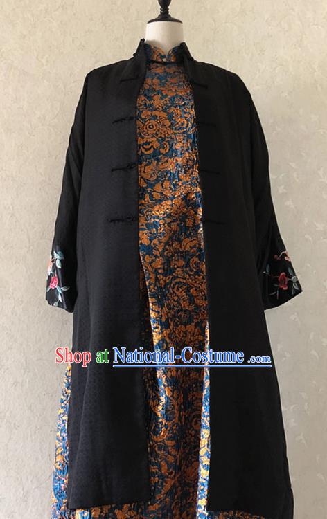 Chinese Traditional Costume National Embroidered Black Cotton Padded Coat Tang Suit Long Robe for Women