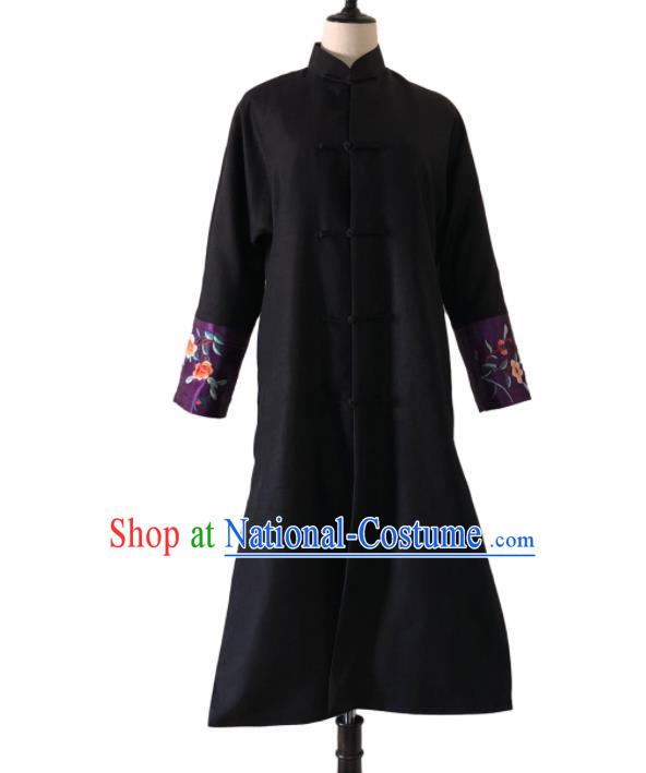 Chinese Traditional Embroidered Black Cotton Padded Coat National Costume Tang Suit Long Robe for Women