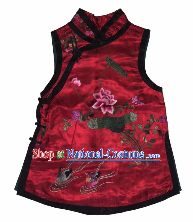 Chinese Traditional Embroidered Lotus Red Silk Qipao Vest National Costume Tang Suit Waistcoat for Women