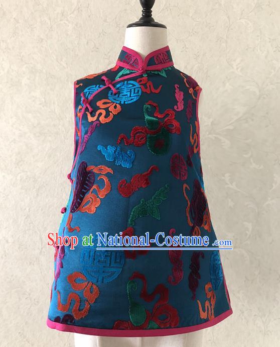 Chinese Traditional Embroidered Blue Silk Qipao Vest National Costume Tang Suit Waistcoat for Women