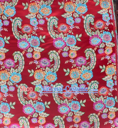 Asian Chinese Classical Flowers Pattern Red Nanjing Brocade Traditional Tibetan Robe Satin Fabric Silk Material