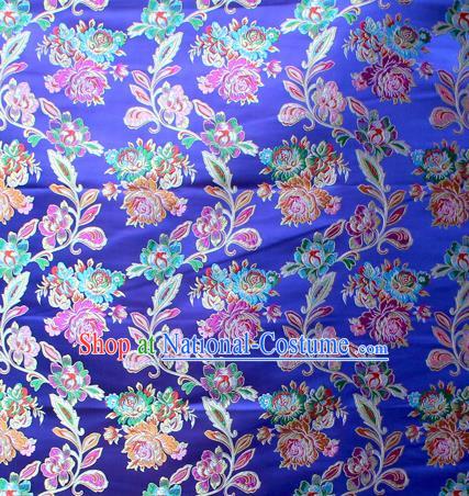 Asian Chinese Classical Peony Flowers Pattern Royalblue Nanjing Brocade Traditional Tibetan Robe Satin Fabric Silk Material