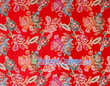 Asian Chinese Classical Peony Flowers Pattern Red Nanjing Brocade Traditional Tibetan Robe Satin Fabric Silk Material