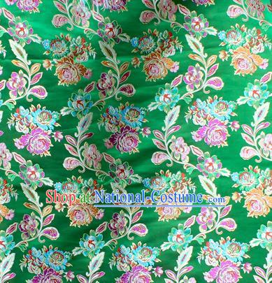 Asian Chinese Classical Peony Flowers Pattern Green Nanjing Brocade Traditional Tibetan Robe Satin Fabric Silk Material