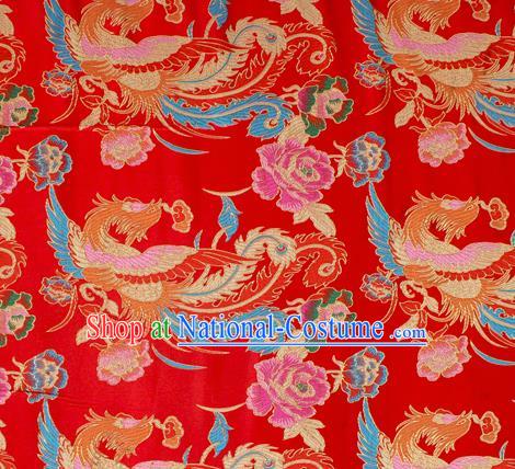 Asian Chinese Classical Phoenix Peony Pattern Red Nanjing Brocade Traditional Tibetan Robe Satin Fabric Silk Material