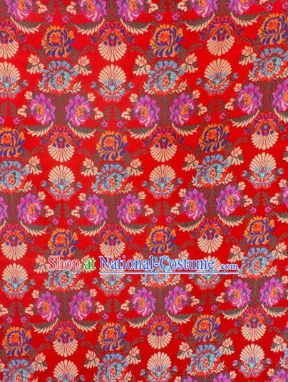 Asian Chinese Classical Flowers Pattern Red Nanjing Brocade Traditional Tibetan Robe Satin Fabric Silk Material