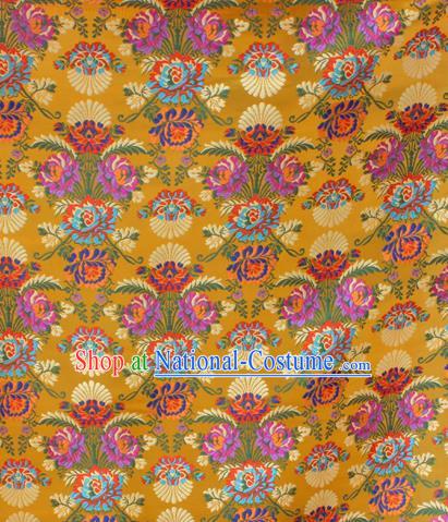 Asian Chinese Classical Flowers Pattern Yellow Nanjing Brocade Traditional Tibetan Robe Satin Fabric Silk Material