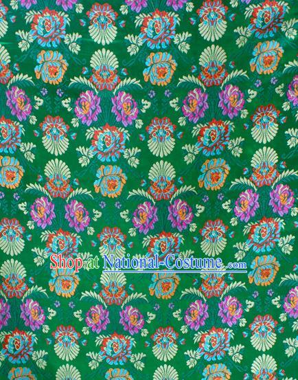 Asian Chinese Classical Flowers Pattern Green Nanjing Brocade Traditional Tibetan Robe Satin Fabric Silk Material