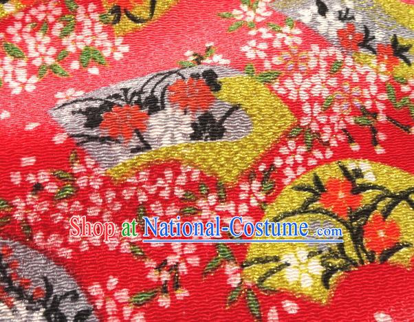 Asian Traditional Classical Sakura Fan Pattern Red Tapestry Satin Brocade Fabric Japanese Kimono Silk Material