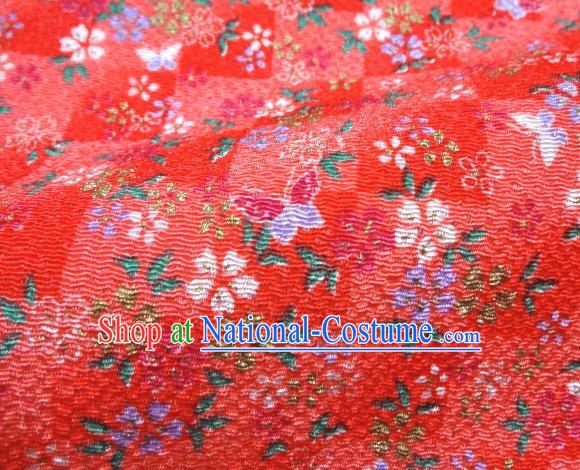 Asian Traditional Classical Butterfly Flowers Pattern Red Tapestry Satin Brocade Fabric Japanese Kimono Silk Material