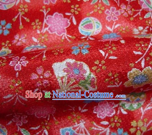 Asian Traditional Classical Sakura Fan Pattern Red Tapestry Satin Brocade Fabric Japanese Kimono Silk Material