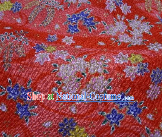 Asian Traditional Classical Oriental Cherry Pattern Red Tapestry Satin Brocade Fabric Japanese Kimono Silk Material