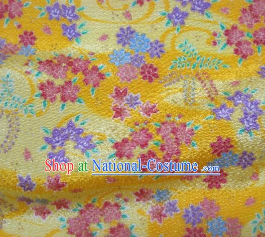 Asian Traditional Classical Oriental Cherry Pattern Yellow Tapestry Satin Brocade Fabric Japanese Kimono Silk Material