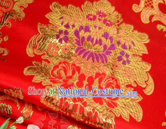 Asian Chinese Classical Leaf Flowers Pattern Red Brocade Traditional Tibetan Robe Satin Fabric Silk Material