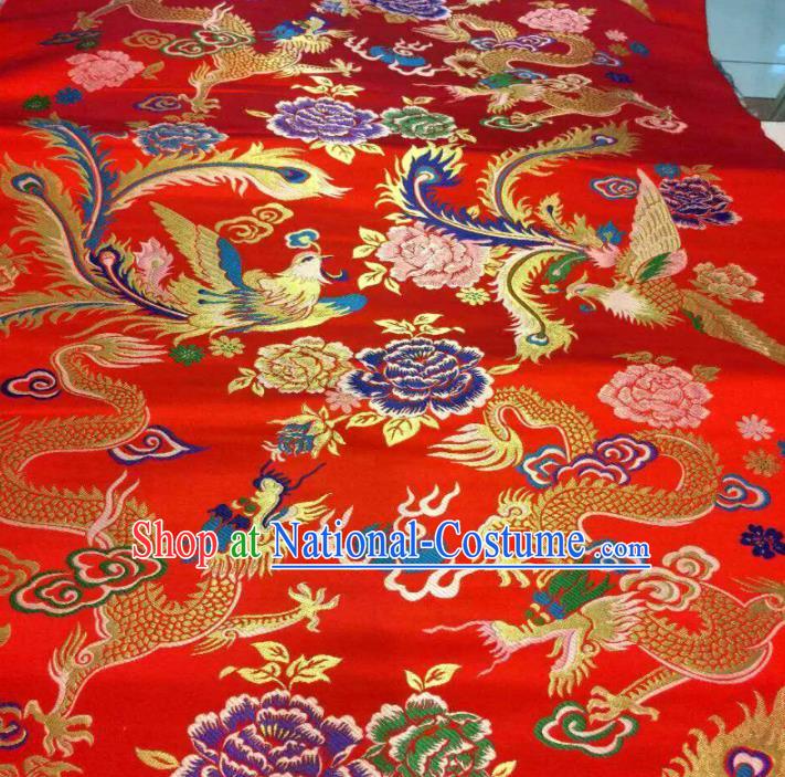 Asian Chinese Classical Dragon Phoenix Peony Pattern Red Brocade Traditional Tibetan Robe Satin Fabric Silk Material