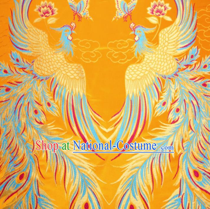 Asian Chinese Classical Phoenix Butterfly Pattern Yellow Brocade Traditional Tibetan Robe Satin Fabric Silk Material