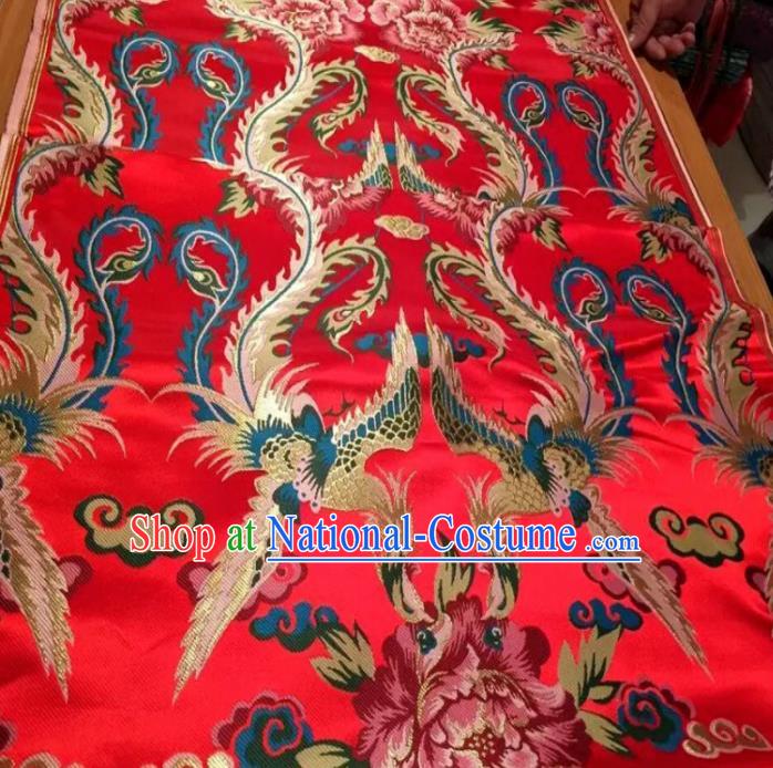 Asian Chinese Classical Phoenix Peony Pattern Red Brocade Traditional Tibetan Robe Satin Fabric Silk Material