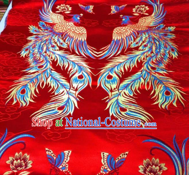 Asian Chinese Classical Phoenix Butterfly Pattern Red Brocade Traditional Tibetan Robe Satin Fabric Silk Material