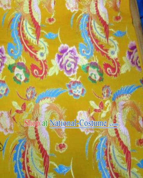 Asian Chinese Classical Phoenix Peony Pattern Yellow Brocade Traditional Tibetan Robe Satin Fabric Silk Material