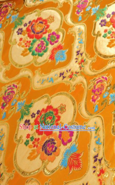 Asian Chinese Classical Aquarius Flowers Pattern Golden Brocade Traditional Tibetan Robe Satin Fabric Silk Material