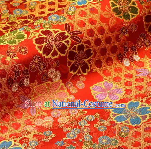 Asian Traditional Classical Sakura Pattern Nishijin Red Brocade Fabric Japanese Kimono Satin Silk Material